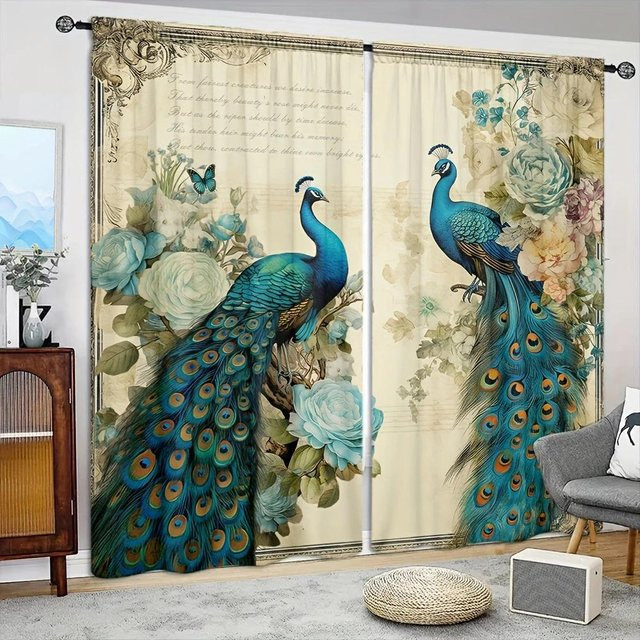 2er-Set Vorhang mit Pfauenmuster in Grau, halbtransparentes Fensterdekor aus Polyester, Breite: 52,5 cm, Höhe: 116 cm - Bild 1