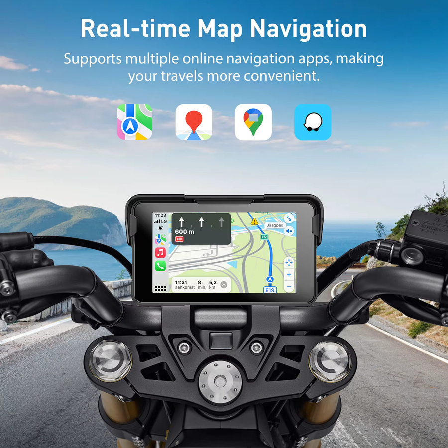 ESSGOO 5 Zoll tragbares Motorrad-Display mit kabellosem CarPlay und Android Auto, IP67 wasserdicht, GPS-Navigation und Bluetooth, Farbe: Schwarz - Bild 2