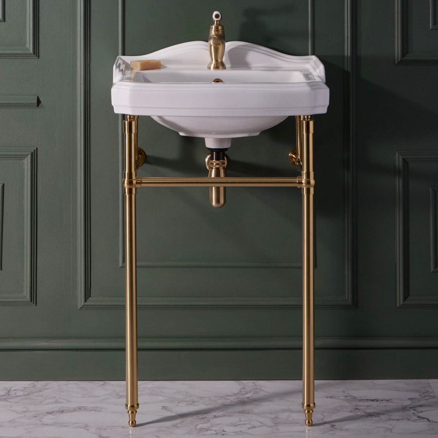 Regent Waschbecken mit Metallgestell in Gold und Weiß, Keramik, rechteckig, B: 59,0 cm, T: 49,5 cm, H: 89,5 cm - Bild 1