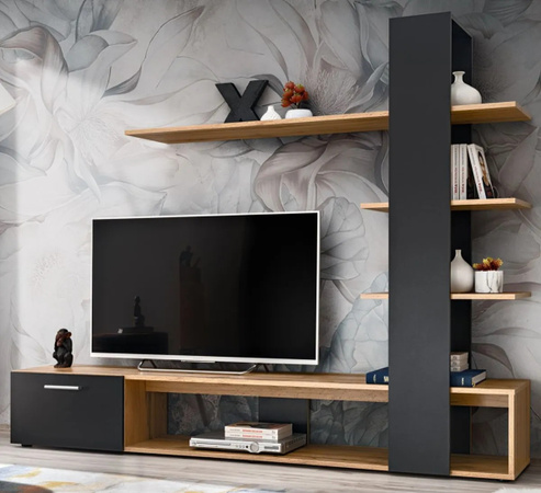 Wohnwand Furn.Design in Schwarz und Wotan Eiche, Lowboard mit offenen Regalen und Türen, Breite: 190 cm