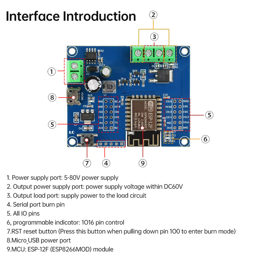 ESP8266 WIFI Einzelrelais MOS Switch Control Modul ESP-12F Entwicklungsboard mit Micro-USB-Schnittstelle in Blau (DC 5-80V) - Bild 4