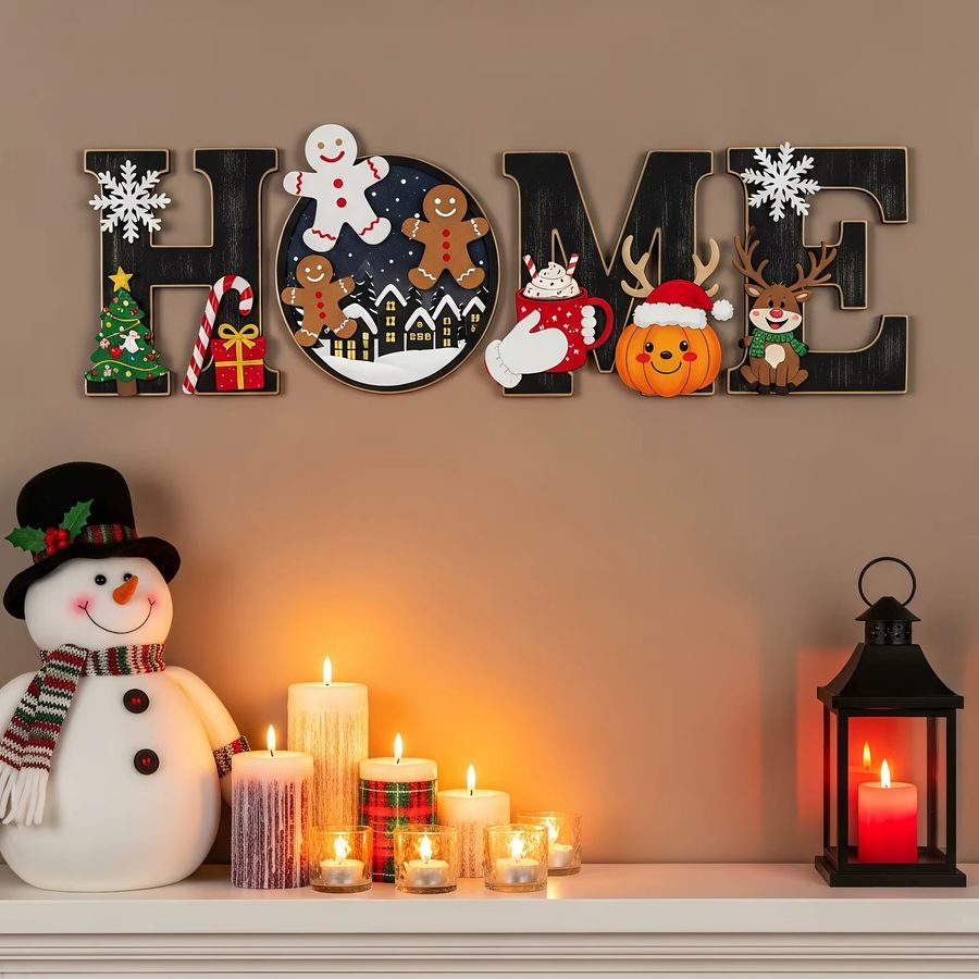 2D-Farben HOME Weihnachts Wandbehang aus Holz in Multicolor mit Brief-Motiv für Bauernhaus und Villa, Dekoration für Weihnachten und Neujahr - Bild 3