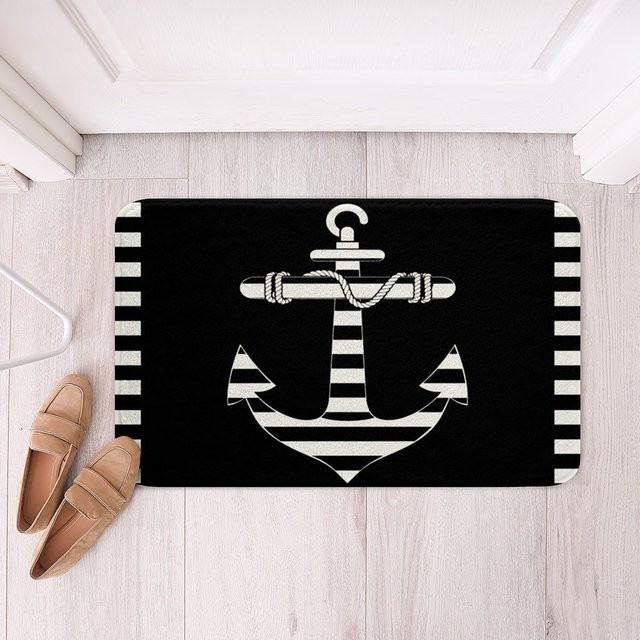YglEleven Badematte Anker Motiv in Schwarz Weiß Gestreift, Rutschfest und Saugfähig, B/T: 60 x 40 cm - Bild 1