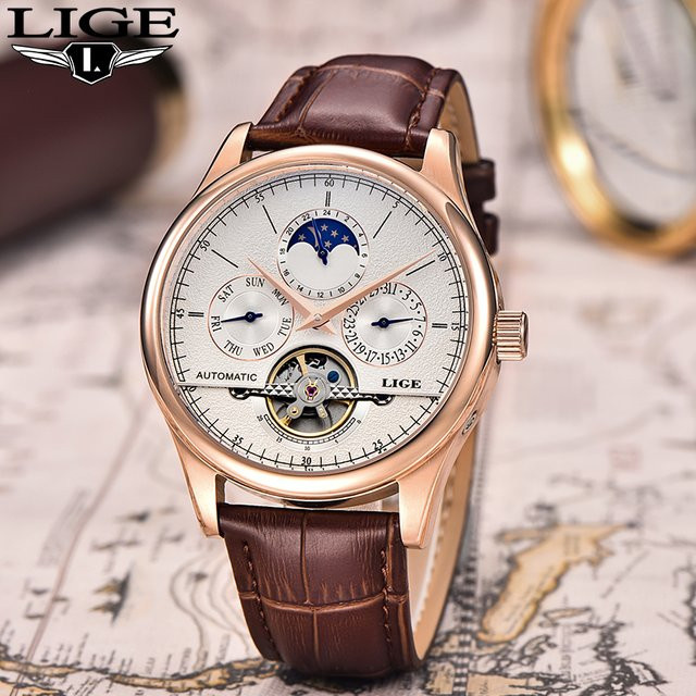 Lige Armbanduhr Automatik, Leder, Herren, Weiß, Roségold - Bild 1