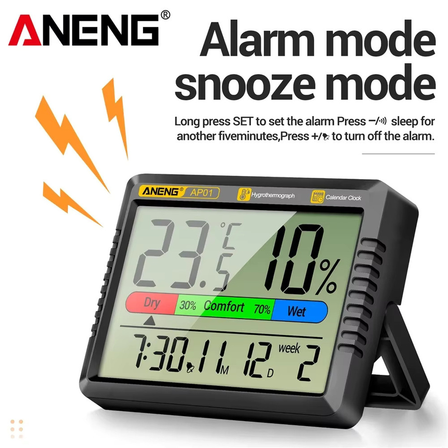 ANENG AP01 LCD Digital-Thermometer Hygrometer mit Wecker und Wetterstation für dein Zuhause in Schwarz oder Weiß - Bild 2