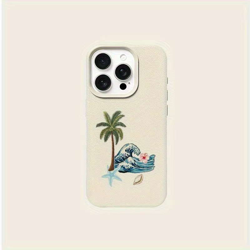 Handyhülle mit Strand Motiv Kokospalme und Wellen in Lychee Textur für iPhone 17, 16, 15 Series in Beige - Bild 4