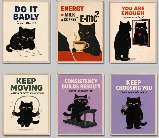 Selbstklebendes Anime-Poster mit Cartoon-Katze und inspirierenden Zitaten, Kawaii Wandkunst in HD-Qualität, Retro-Design, Mehrfarbig - Bild 1