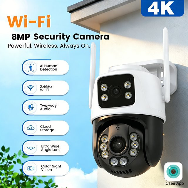 iCSee WLAN-Kamera PTZ mit 4K 8MP HD Dual-Objektiv, Dual-Screen und KI-Menschenerkennung, IP-Sicherheitskamera mit Nachtsicht, Weiß - Bild 1