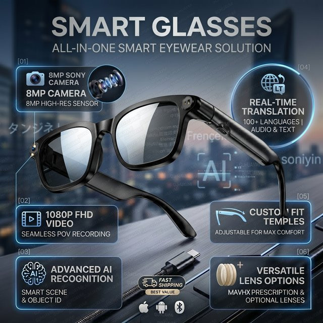 GUHUAVMI KI-Smart-Brille mit 8MP Anti-Shake Bluetooth-Kamera, 1080p Videoaufnahme, KI-Übersetzung, Open-Ear-Kopfhörer und Sprachassistent in Schwarz und Transparent - Bild 1