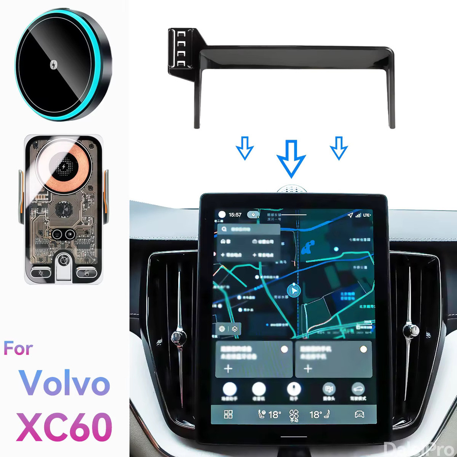 DaleiPro Qi-Kabellose Handyhalterung für Volvo XC60, XC90 und S90 in Schwarz mit Bildschirm-Fixierclip - Bild 2