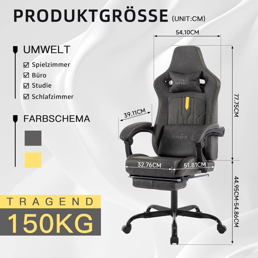Ergonomischer SUKIDA Gaming-Stuhl in Beige mit Fußstütze, Kopfstütze und Lordosenstütze aus Kunstleder - Bild 2