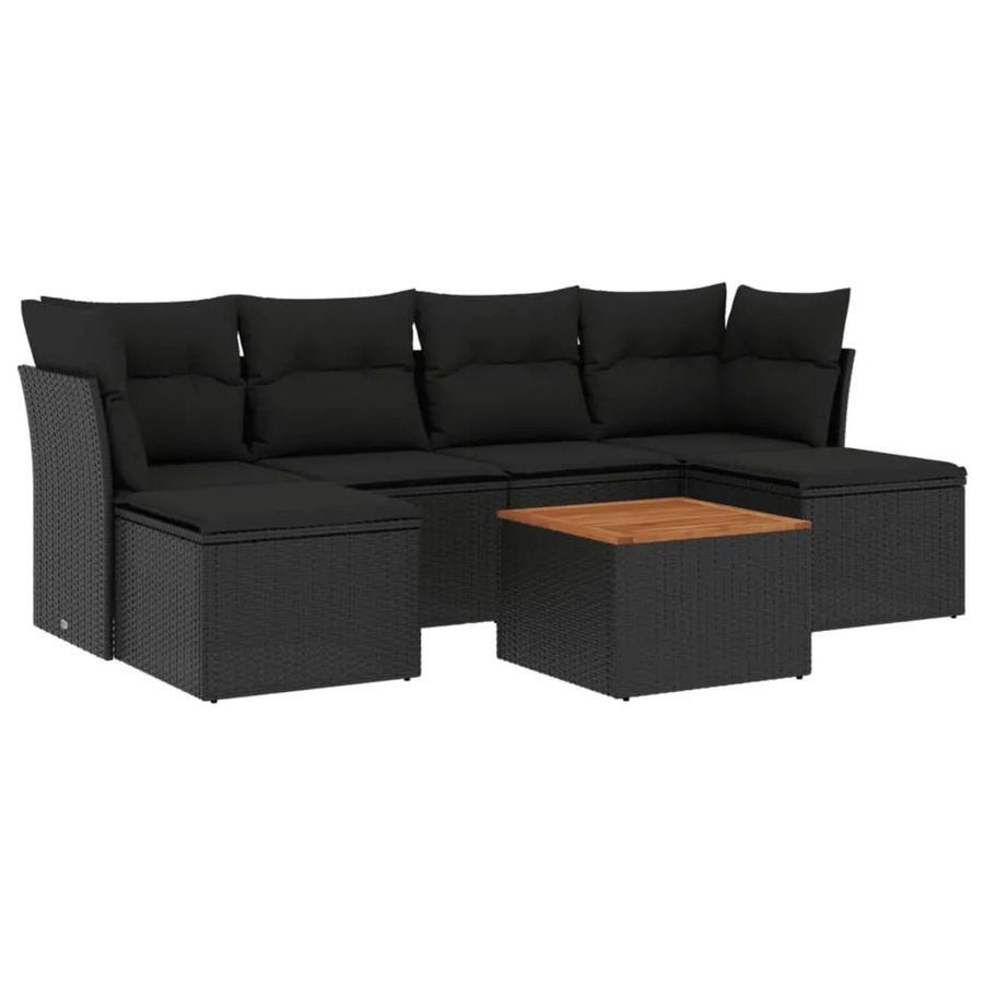 vidaXL 7-tlg Garten-Sofagarnitur in L-Form aus Polyrattan und Akazienholz mit Kissen, Schwarz - Bild 2