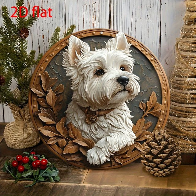 CIFBUY West Highland Terrier Metall-Wandschild, runde Hunde-Dekoration in Weiß - Bild 1