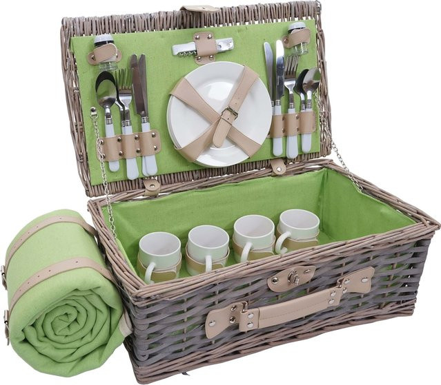 Picknickkorb-Set MCW-B24 für 4 Personen aus Weide mit Porzellan und Edelstahl in Grau-Grün, B/T/H: 50,0 x 31,0 x 19,0 cm - Bild 1