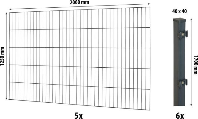Floraworld Einstabmatten-Zaunset mit Vierkantpfosten aus Stahl in Anthrazit, Höhe: 125 cm, Breite: 1000 cm - Bild 1