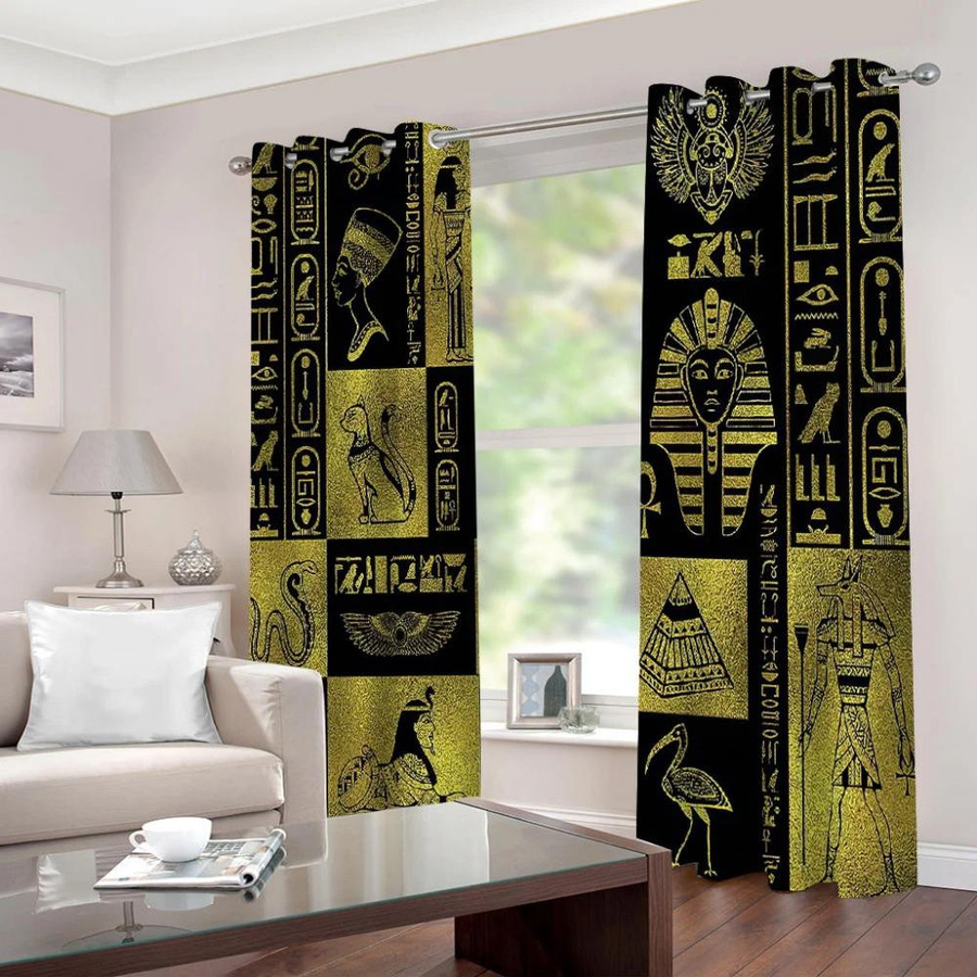 Yiran Furniture Vorhänge mit Pharao-Druck in Gold, 2 Stück semi-transparente Fensterblenden, B/T/H: 50 x 0 x 100 cm - Bild 1