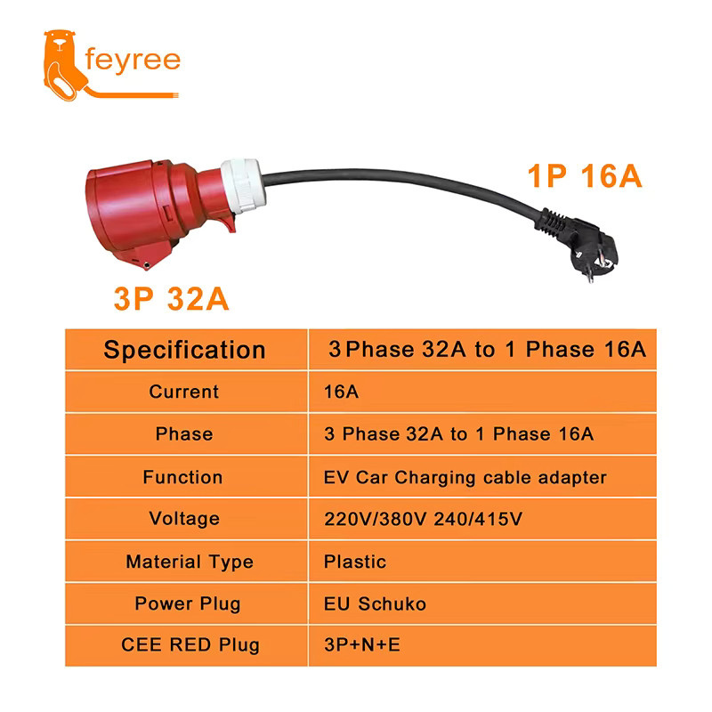 Feyree EV-Ladegerät Schuko-Stecker auf CEE Roter 5-Poliger Buchsenadapter für 32A 3-Phasen 22KW Tragbares Ladegerät - Bild 3