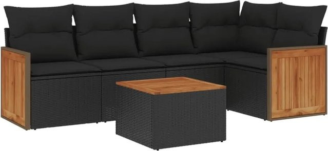 vidaXL 6-teilige Garten-Sofagarnitur in L-Form aus schwarzem Poly-Rattan mit Kissen und Akazienholz - Bild 1