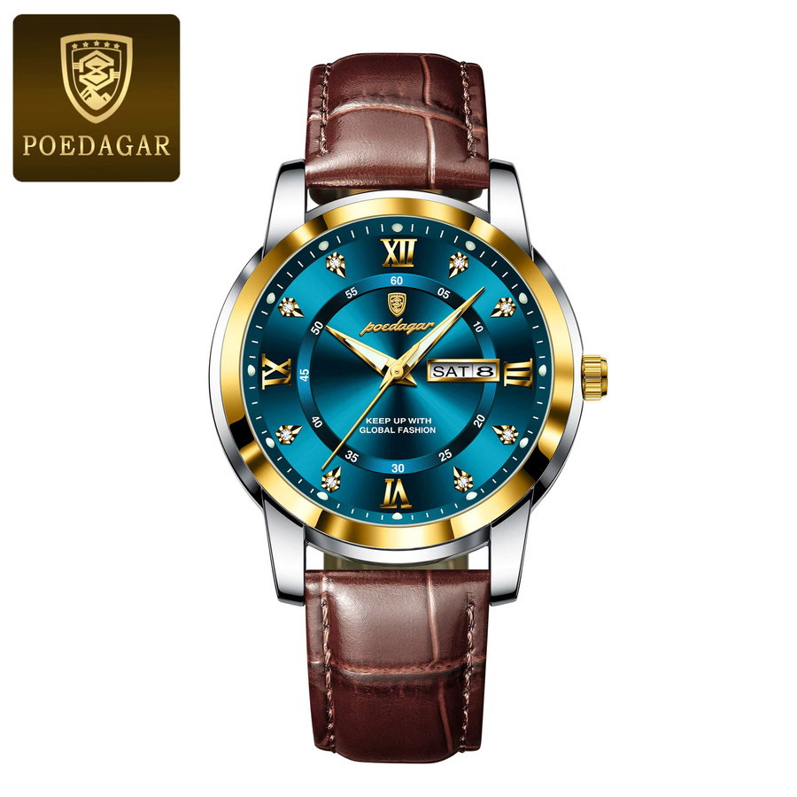 POEDAGAR Armbanduhr Quarz, Leder, Blau, Herren, Kalender, Wochentag - Bild 7