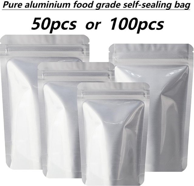 50 Stück silberne Aluminiumfolie Lebensmittel-Aufbewahrungsbeutel mit Zip-Verschluss zur geruchshemmenden Aufbewahrung von Reis, Tee und Kaffeebohnen - Bild 1