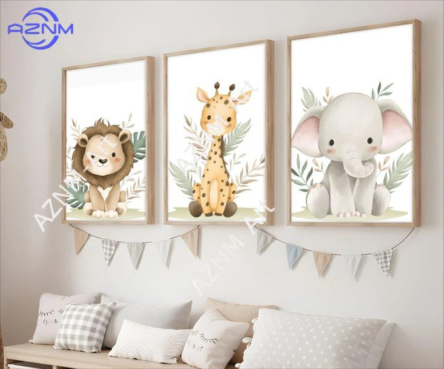 Potdemiel Wandkunst für das Kinderzimmer mit Dschungeltieren wie Löwe, Giraffe und Elefant in Mehrfarbig, Skandinavischer Stil - Bild 1