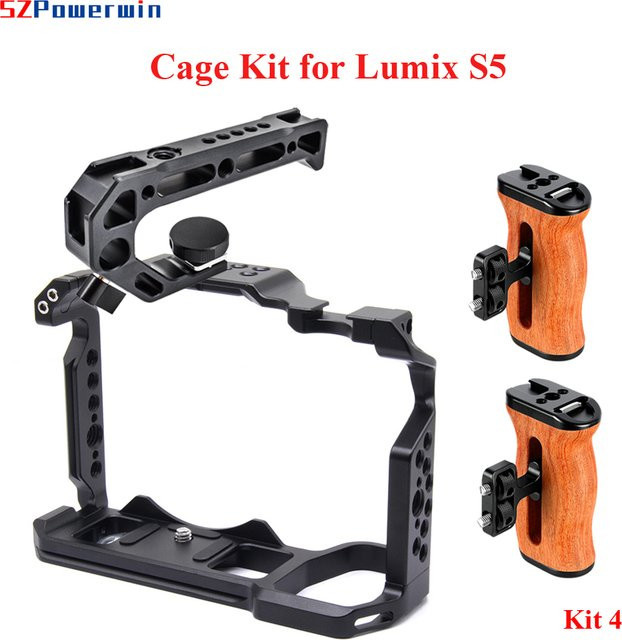 Powerwin Kamerakäfig für Panasonic S5 in Schwarz mit Holz-Handgriff-Set aus Aluminiumlegierung und Arri-Positionierungsschraube - Bild 1