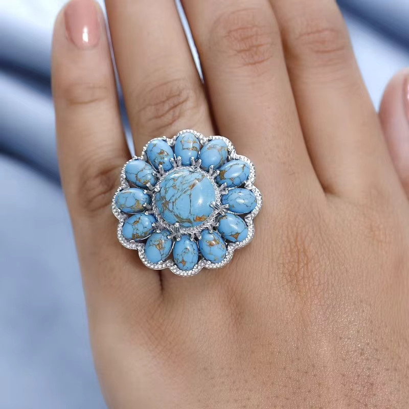 YoYo Ring, Blumenförmig, Silberbeschichtet, Synthetischer Türkis, Damen - Bild 2