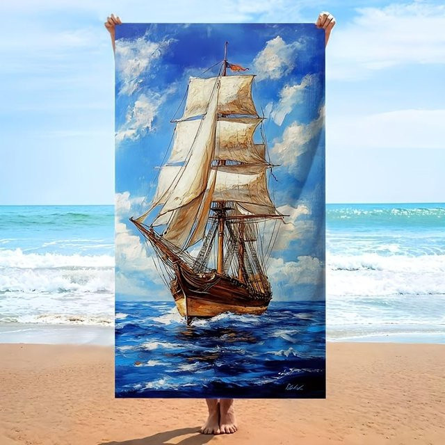 JMG Household Supplies Strandtuch mit Nautischem Segelschiff Design in Blau, B/T/H: 90 x 180 cm - Bild 1