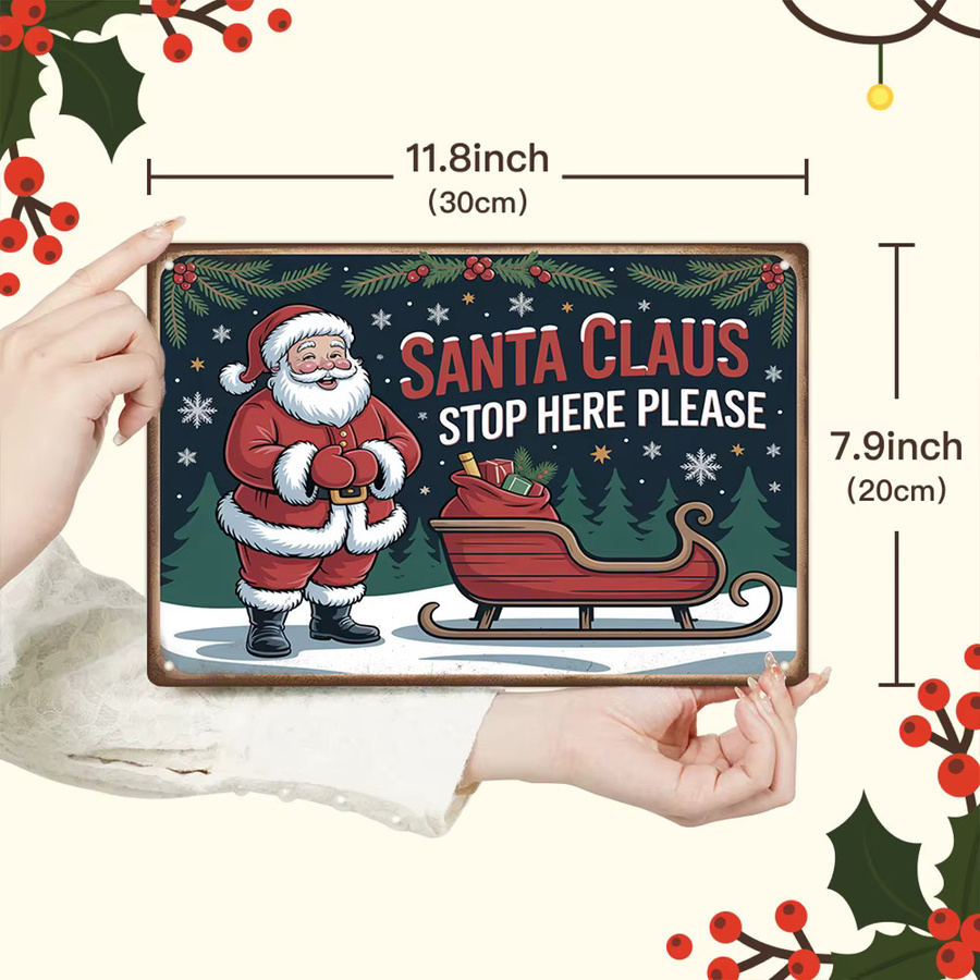 Putuo Decor Vintage Metallblechschild SANTA CLAUS STOP HERE Wandkunstdekoration für Weihnachten Multicolor B: 30,0 cm, H: 20,0 cm - Bild 3