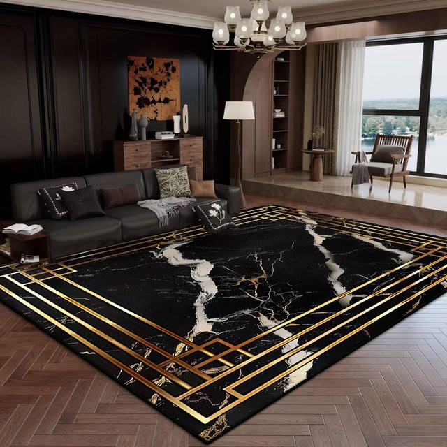 Karpetti Teppich Modern Schwarz Gold, Waschbar und Rutschfest, B/T: 80 x 160 cm - Bild 1