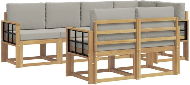 vidaXL Outdoor-Sofagarnitur 7-teilig aus massivem Akazienholz mit Kissen in Weiß und Hellgrau - Bild 1