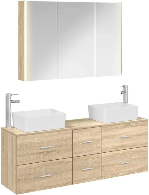 vidaXL Badezimmermöbel-Set 4-teilig in Sonoma-Eiche mit Spiegelschrank, Waschtischunterschrank und Wandschrank, Farbe: Braun, Material: Holz und Glas - Bild 1