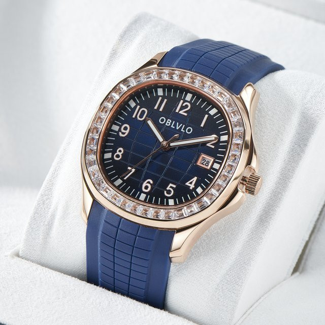 OBLVLO Armbanduhr, Automatik, Roségold, Diamant, Blau, Silikon, Herren - Bild 1