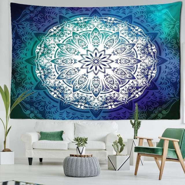 Mandala Wandteppich von Super Six in Blau und Grün mit Blumen- und geometrischen Motiven, Breite: 150 cm, Höhe: 100 cm - Bild 1