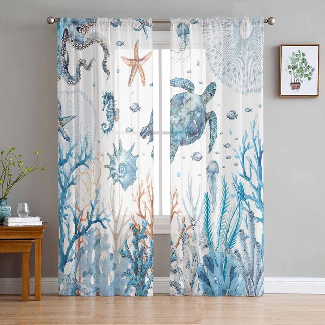 Transparente Tüll-Vorhänge mit Ozean-Motiv aus Organza und Voile, Set aus 2 Stück, Breite: 135 cm, Höhe: 115 cm - Bild 1