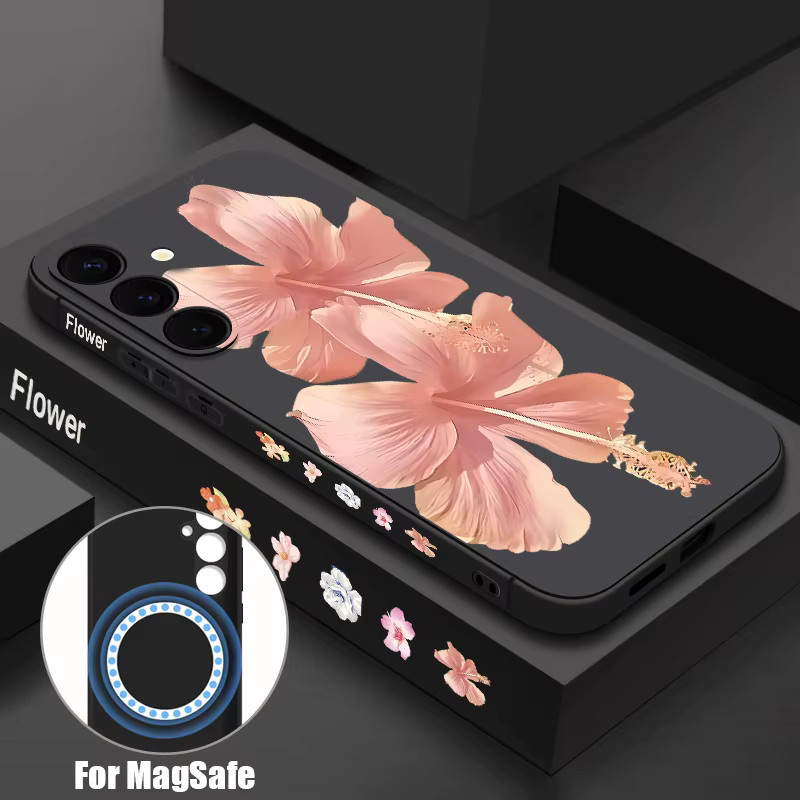 MOESOE Magnetische Hülle mit Big Lily Flowers Print für Samsung Galaxy S25 S24 FE S24 S23 S22 Ultra Plus, Soft Cover für MagSafe Wireless Charging, Multicolor/Weiß - Bild 2