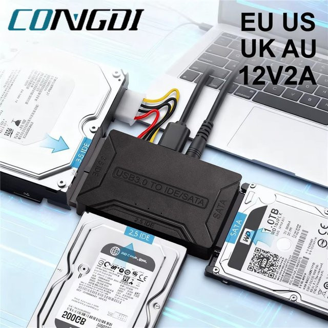 Congdi SATA zu USB 3.0 Adapter mit 12V 2A Netzteil für 2,5 und 3,5 Zoll SSD und HDD Festplatten, Schwarz - Bild 1