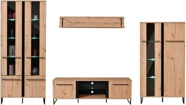 Homestyle4u Wohnwand modern in Eiche und Schwarz mit Lowboard, Vitrine und Regalen, B/T/H: 221,3 x 42,0 x 193,0 cm - Bild 1