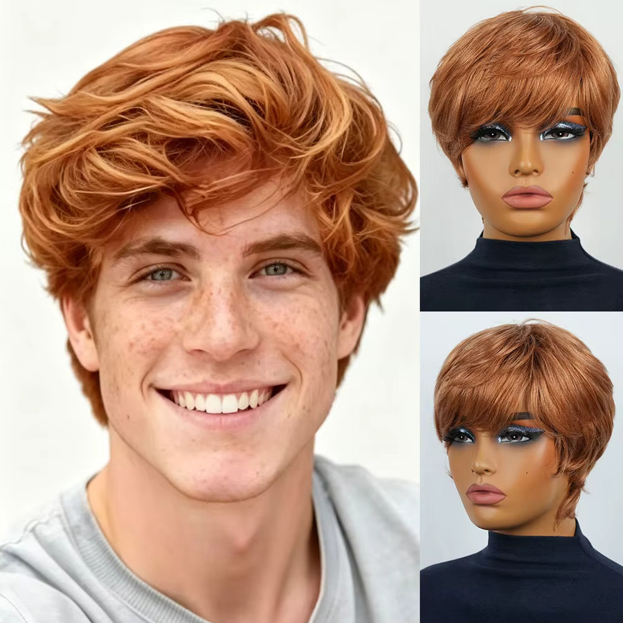 OYM HAIR Herren-Kurzhaarperücke, Pixie-Schnitt, Braunes Karamell, Remy-Echthaar - Bild 2