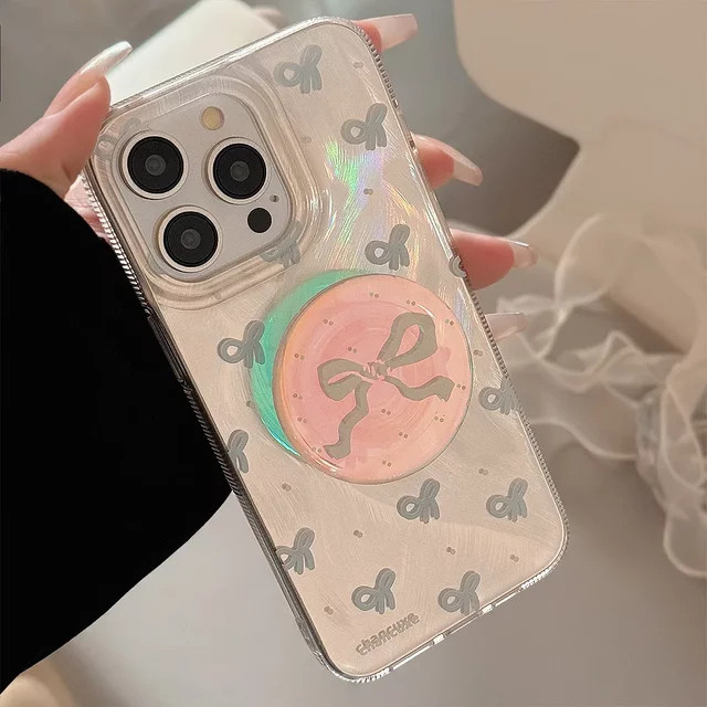 MUQGEW Handyhülle mit blauer Schleife und Laserhalterung für iPhone 16, 15, 14, 13, 12, 11 Pro Max, transparent und stoßfest - Bild 1