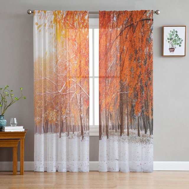 Transparente Tüll Vorhänge mit Wald- und Landschaftsmotiv in Braun, B: 135 cm, H: 115 cm - Bild 1