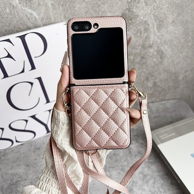 Samsung Galaxy Z Flip 7 6 5 4 Crossbody Schulterhülle mit Lanyard aus PU Leder in Pink - Bild 1