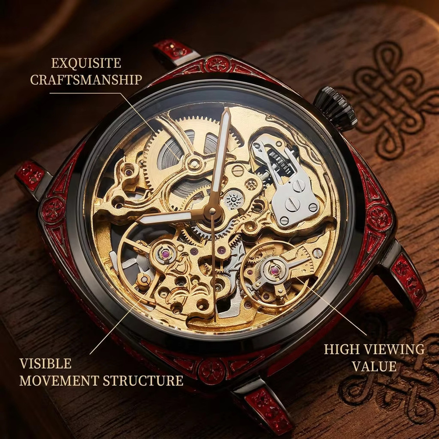CAROTIF Armbanduhr, mechanisch, goldenes Zifferblatt, Lederarmband, Herren - Bild 2