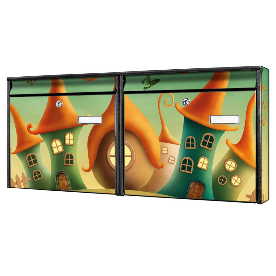 banjado Burg Wächter Briefkastenanlage für Mehrfamilienhäuser mit Zwergenhaus-Motiv, schwarz verzinkt und lackiert, H x B x T: 72,5 x 32,2 x 10 cm - Bild 1