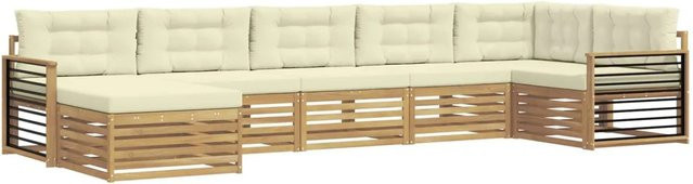 vidaXL Outdoor-Sofagarnitur in L-Form aus massivem Akazienholz mit 7 Kissen in Weiß und Beige - Bild 1