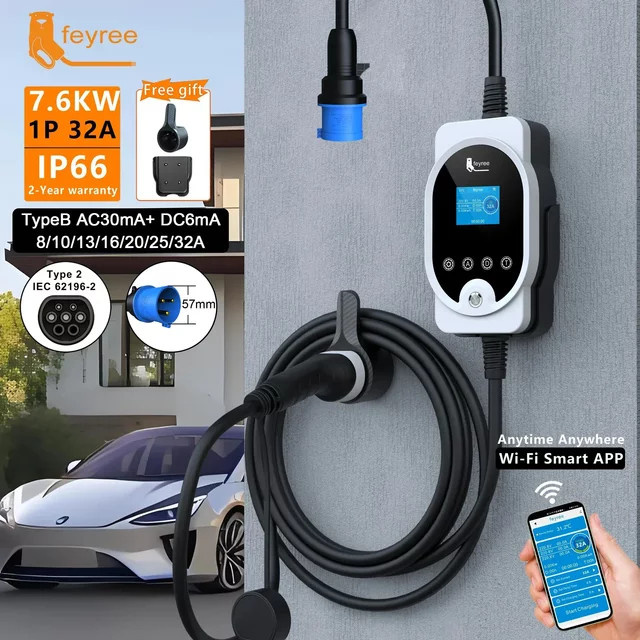 feyree EVSE Wallbox Typ2 EV-Ladegerät 7KW 32A 1P mit Wi-Fi-Steuerung und App-Steuerung in Weiß - Bild 1
