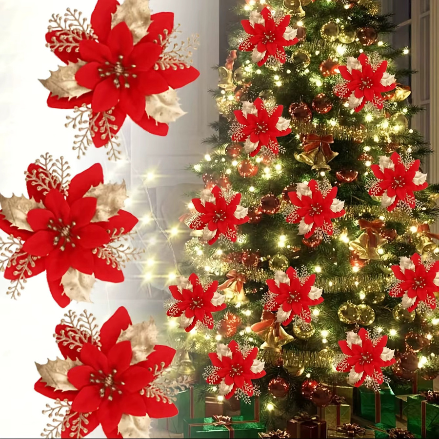 DUTRIEUX 20 Stück Weihnachtssterne-Clips aus Kunststoff in Rot, Gold und Silber mit Blumen-Design als hängende Weihnachtsdekoration - Bild 3