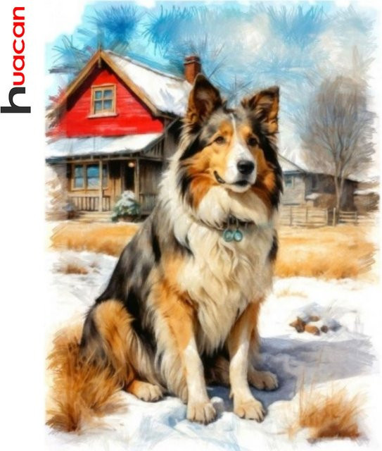 Huacan 5D-Diamantgemälde Haustierhund Porträt DIY Diamant-Stickerei in Mehrfarbig mit Winter-Illustration - Bild 1