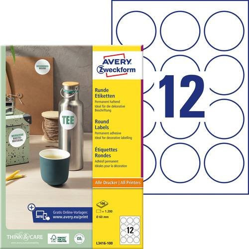 Avery Zweckform Universal-Etiketten L3416-100, rund, Ø 60 mm, weiß, 1200 Stück auf 100 Bogen, FSC-zertifiziertes Papier - Bild 1