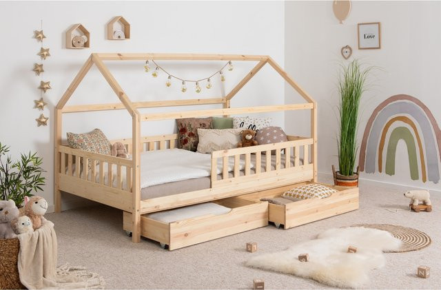 TiCAA Kinderbett Hausbett Montessori Kay aus Kiefer Massivholz mit Schubladen und Rausfallschutz, Farbe: Weiß - Bild 1